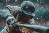 A close-up, dynamic snapshot captures a medieval knight clad in detailed armor, poised with a sword amidst a flurry of raindrops, exemplifying bravery and battle readiness