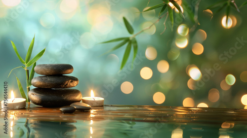 Calm, balanced stack of black massage stones, glow of candles and bamboo leaves on a green background, spa background