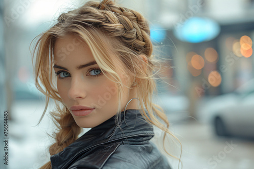 Young blond woman in leather jacket with viking hairstyle with plaits with blurry street in background 