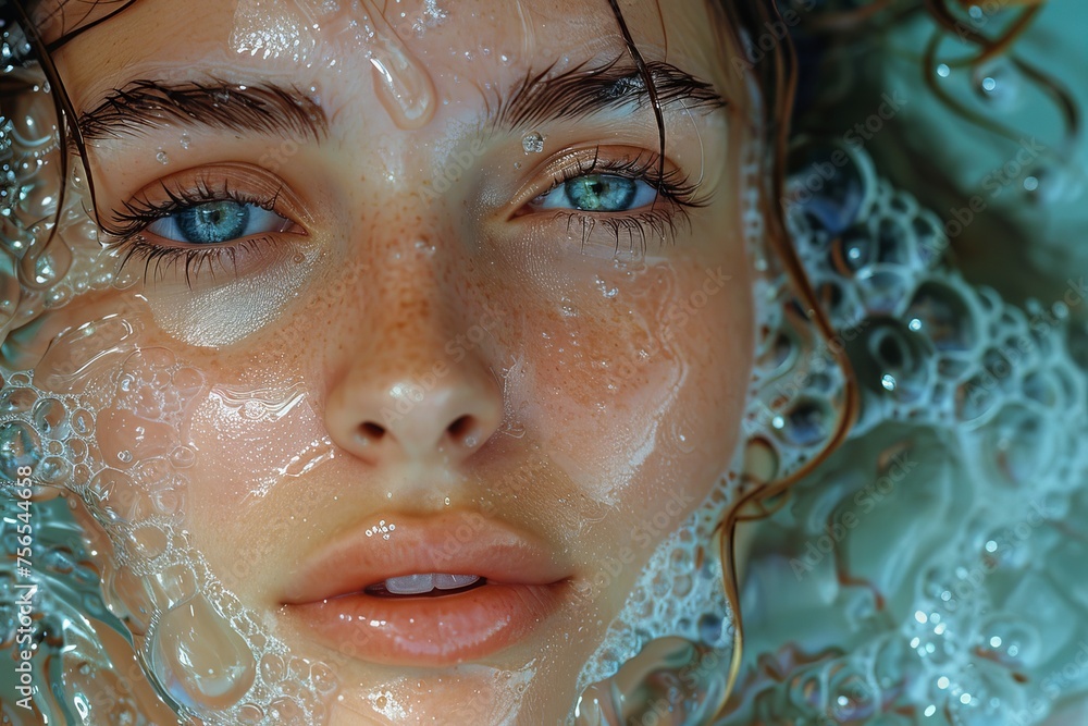 A highly detailed close-up of a person's face covered in water droplets, highlighting their captivating blue eyes and water texture A highly detailed close-up of a person's face covered in water droplets, highlighting their captivating blue eyes and water texture