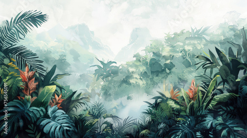 Watercolor Painting of a jungle landscape. 