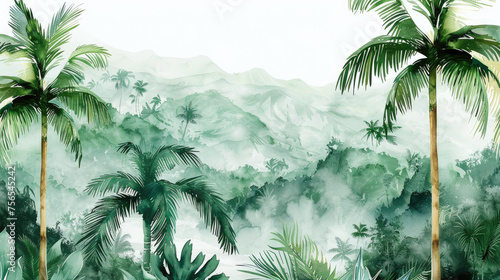 Watercolor Painting of a jungle landscape. 