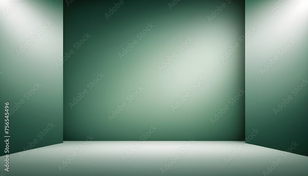 A sleek studio background featuring a green color, creating an atmosphere of mystery and elegance, a touch of subtle shimmer or a gradient that transitions from green to white for added depth