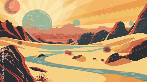 A realistic abstract illustration of the desertscape poster with landscape elements found in the desert.