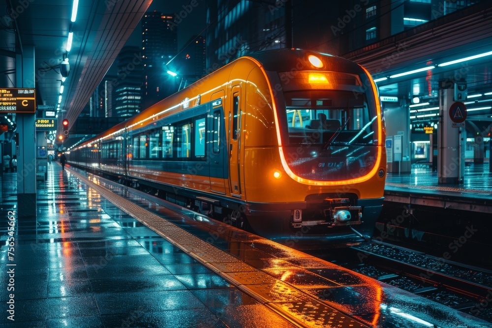 This image captures a sleek yellow train pulling into a contemporary station platform on a rainy night, reflecting urban transport