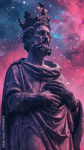 Statue of a king with a cosmic backdrop in hues of pink and blue.