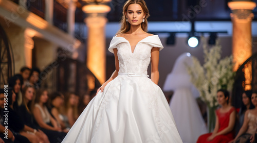 Wedding Model. Female models walk the runway in beautiful stylish white wedding dresses during a Fashion Show