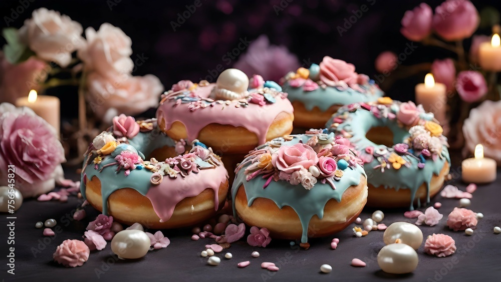 whimsical heavily decorated pile donuts in pastell colors with icing, flowers and pearls. Dramatic lighting, dark background