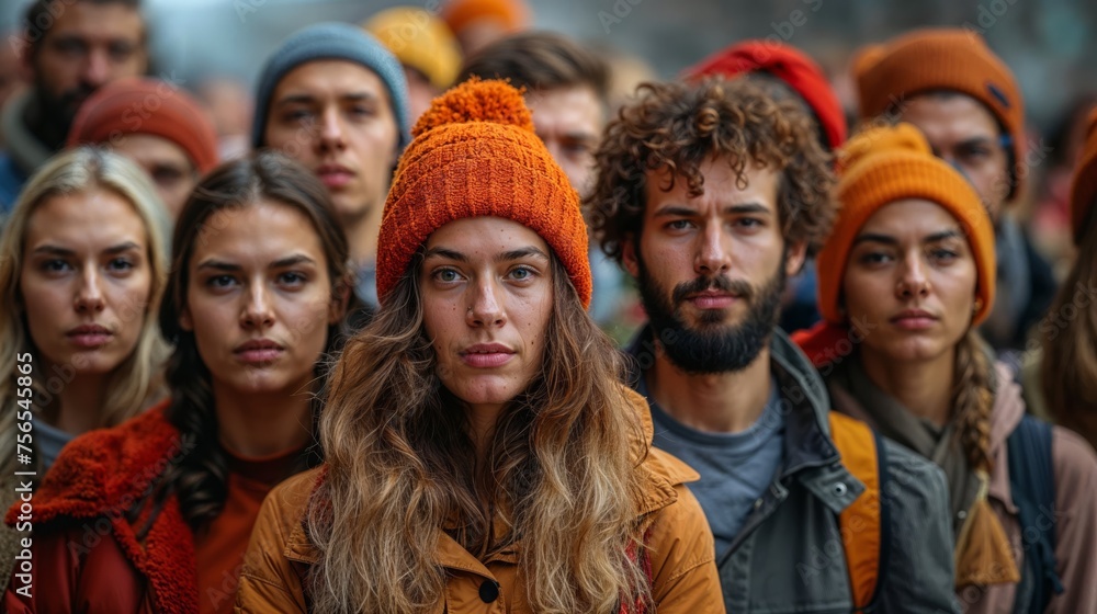 Intense young adults in a crowd with a woman in an orange beanie centered Intense young adults in a crowd with a woman in an orange beanie centered