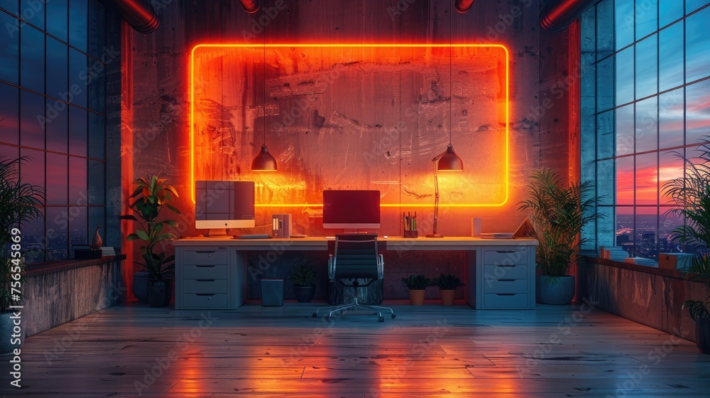 A stylish home office featuring neon lights and an industrial vibe, complemented by a stunning view of the city skyline at dusk.