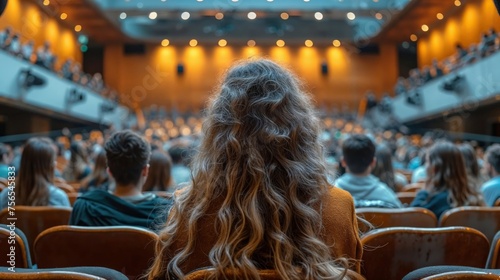 Woman with curly hair watching a lecture in a crowded auditorium
