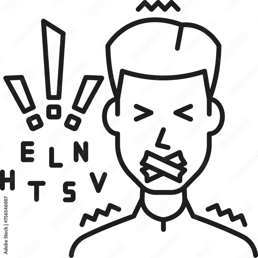 Psychology problems, human logophobia phobia icon, mental health. Fear of words, people psychology problem outline vector pictogram. Logophobia mental disorder thin line symbol or icon Psychology problems, human logophobia phobia icon, mental health. Fear of words, people psychology problem outline vector pictogram. Logophobia mental disorder thin line symbol or icon