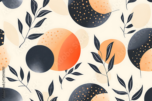 a seamless pattern with circles and leaves on a white background
