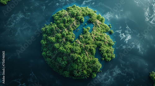 Green trees forming a circle amidst ocean water, representing planet on Earth Day
