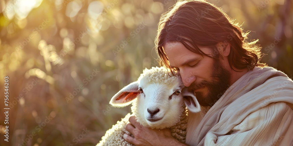 Jesus Christ Tenderly Holding a Lamb with a Sense of Protection and Care, with Copy Space - obrazy, fototapety, plakaty 