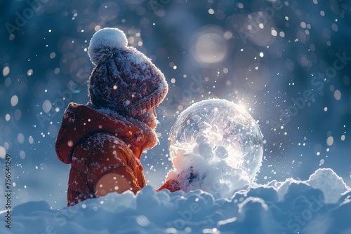 A wonder-filled image of a child in winter attire gazing longingly at a large snow globe amidst falling snow