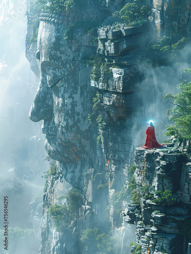  A colossal stone face carved into a cliff with a figure in red overlooking a forest. photo