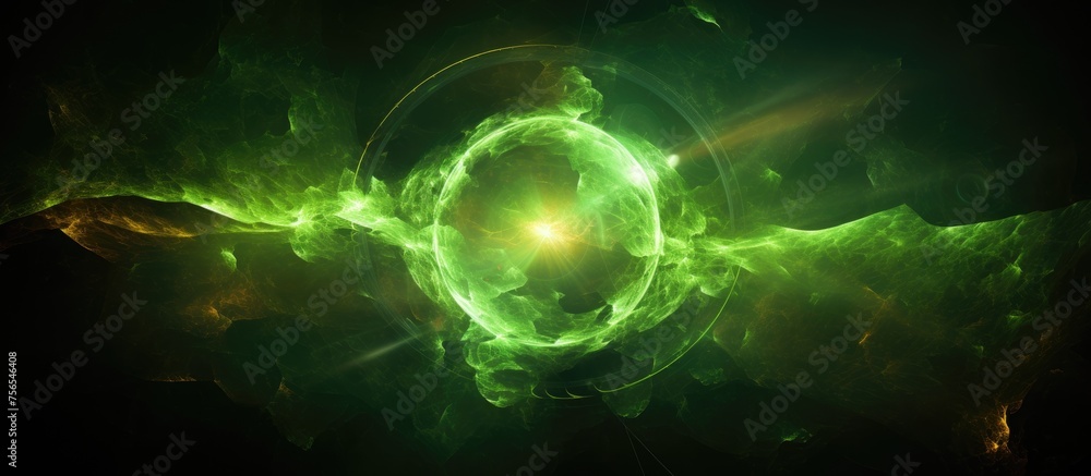 An astronomical object emitting a green glowing circle in a dark space, resembling an aurora. The gasfilled circle is like a terrestrial plant in an electric blue font, blending art and science