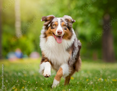 australian shepherd dog running outdoors in summer photo