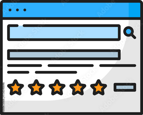 Review snippets. Serp icon. Search engine result page. Isolated vector linear sign, indicating the presence of summarized customer reviews, providing a quick overview of product or service feedback
