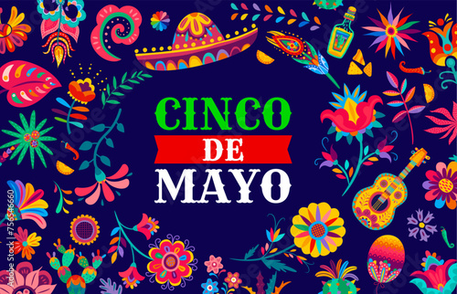 Cinco de Mayo mexican holiday banner with tropical flowers, guitar and sombrero vector background frame. Fiesta party or music carnival flyer with bright latin ethnic ornament frame border lines