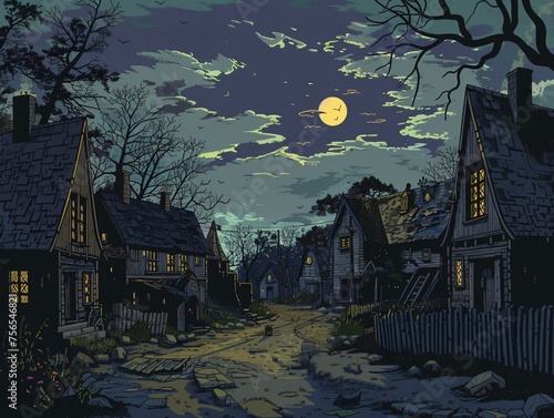 A desolate village cursed to eternal night where inhabitants whisper tales of eldritch horrors lurking beyond sight photo