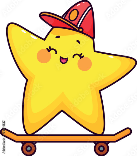 Cartoon cute funny kawaii star or twinkle skateboarder character. Isolated vector yellow, smiling toon with rosy cheeks happily rides skateboard, glow with excitement, little arms extended for balance