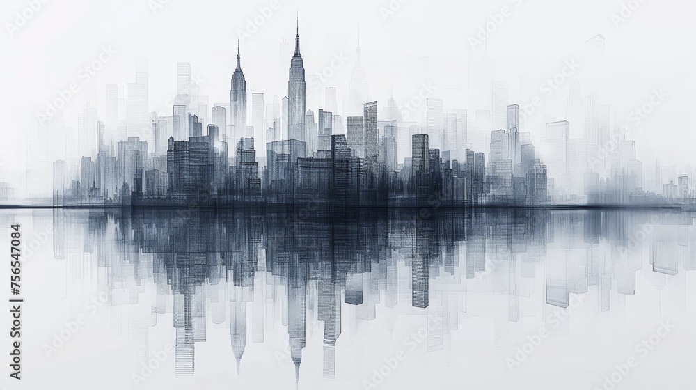 This image features a serene, monochrome watercolor of a cityscape reflected perfectly in calm waters, blending urbanity with artistry.