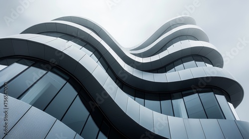 Looking up at a modern, futuristic building with a unique wavy design, featuring sleek lines and reflective glass windows.