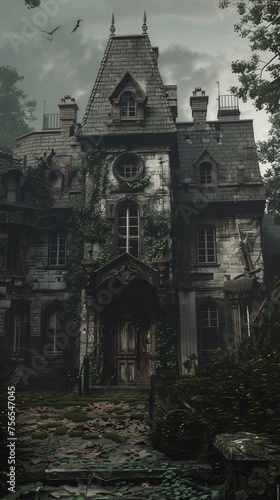A decrepit mansion at the edge of a shadowy realm where eldritch horrors whisper from the walls hidden in the darkness