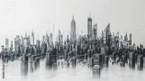 An artistic monochrome illustration of a dense cityscape, with skyscrapers fading into a misty background.