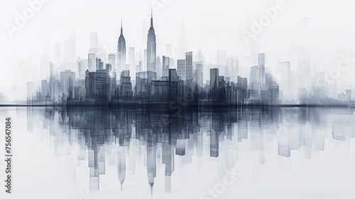 This image features a serene, monochrome watercolor of a cityscape reflected perfectly in calm waters, blending urbanity with artistry.