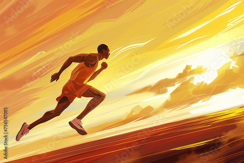 Athletes at summer Olympic games, colorful illustration. Professional runner running sprint at track, sports championship. 