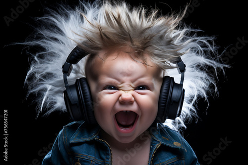 portrait of a crazy baby in headphones on a black background © EwaStudio