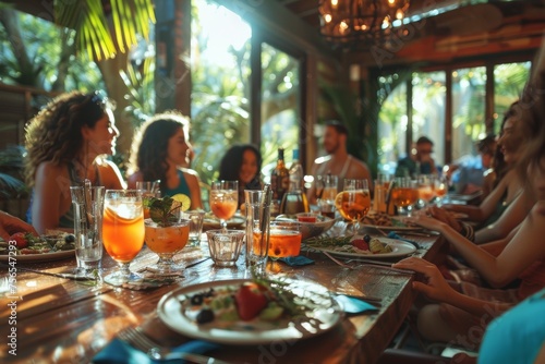 Lively and colorful, a group of people sit at a tropical bar enjoying food and drinks in a communal, festive atmosphere