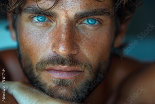 Close-up high-definition image of a man with intense blue eyes and freckles, emphasizing natural beauty and detail