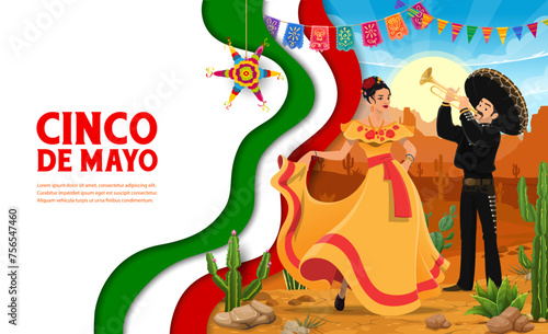 Cinco de mayo Mexican holiday paper cut banner with woman dancer and mariachi musician. Vector festive background with flamenco musical performance and cartoon latino man playing trumpet in desert