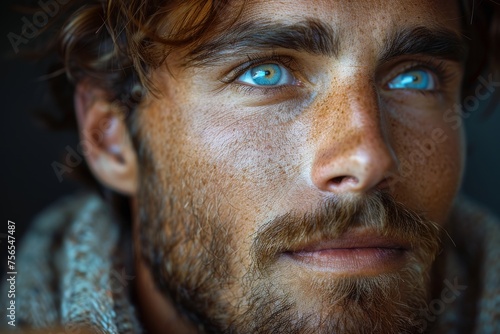 Detailed close-up of a thoughtful man with blue eyes and a beard, showing introspection and a contemplative mood