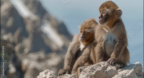 a pair of monkeys on a rock footage photo
