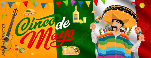 Mexican Cinco de Mayo holiday banner with musician character, Mexico flag and guitar, vector background. 5 may holiday banner with Mexican national cuisine food, man in sombrero and pocho with maracas