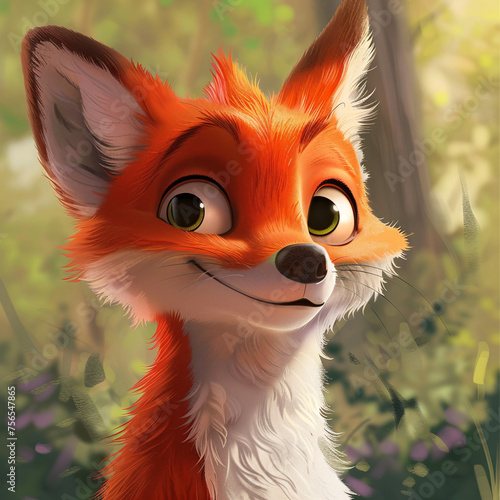 A cute, animated fox with big eyes amidst greenery. photo