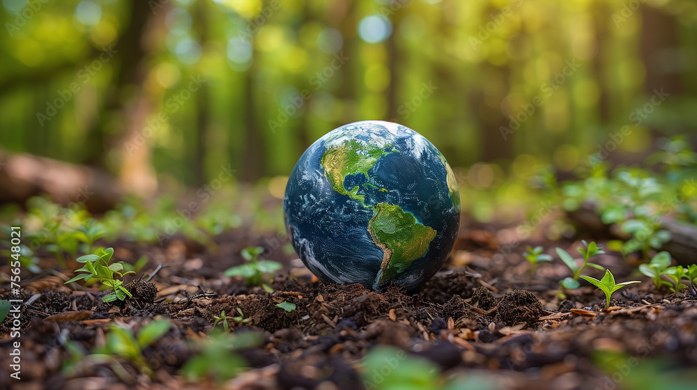 A diminutive Earth basks in golden rays of sunlight, surrounded by vibrant hues of forest A diminutive Earth basks in golden rays of sunlight, surrounded by vibrant hues of forest
