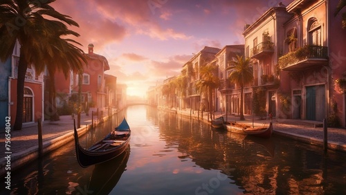 city at sunset highly intricately detailed photograph of Summer trip canal moliceiro boat gondola 