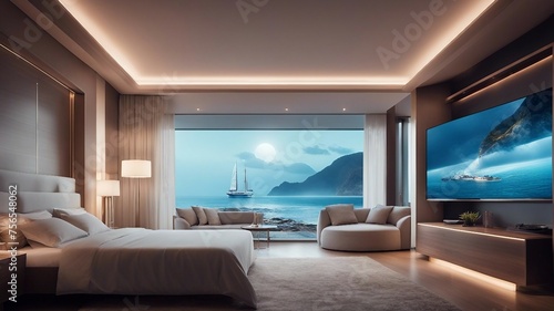 modern bed room highly intricately detailed photograph of    Beautiful beach with sailing boat yacht    in the widow  photo