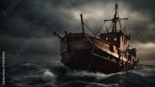 ship in the sea A scary fishing boat in a sea of blood, with storms, rocks,   The boat is made of wood  © Jared