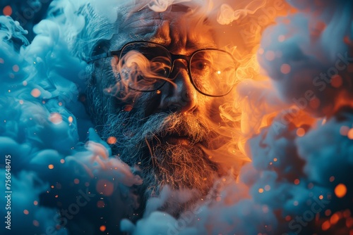 A portrait of a bearded man with smoke surrounding him, highlighting his intense and thoughtful gaze