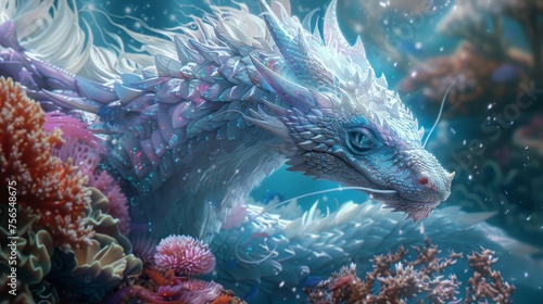 A Pearl Dragon with a gentle gaze. The dragon is swimming gracefully in a tranquil coral reef. 