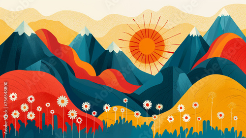 Minimalist abstract colorful clipart print set with mountains sun