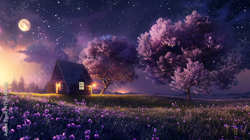 A cozy cabin amidst blossoming trees under a starry night with a full moon photo