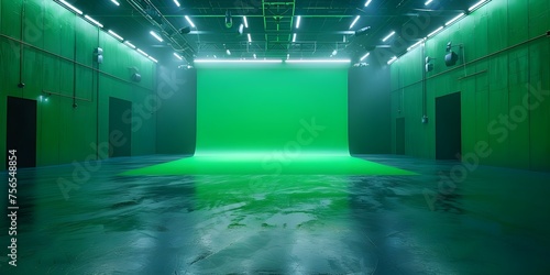 An empty contemporary film studio with a green screen in the background. Concept Film Studio, Green Screen, Contemporary Design, Photography Location, Cinematography Environment photo